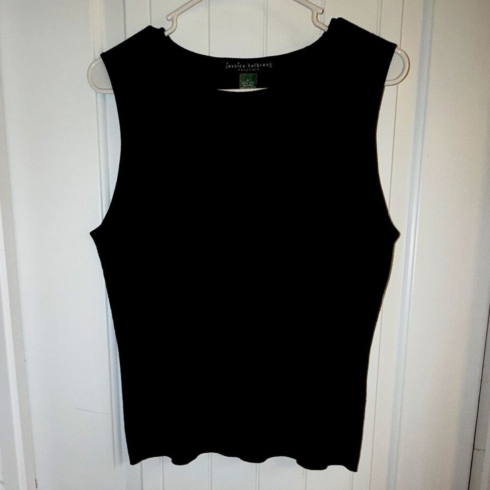 Jessica Holbrook Womens L Black 100% Silk Knit Ribbed Tank Sleeveless Round Neck
